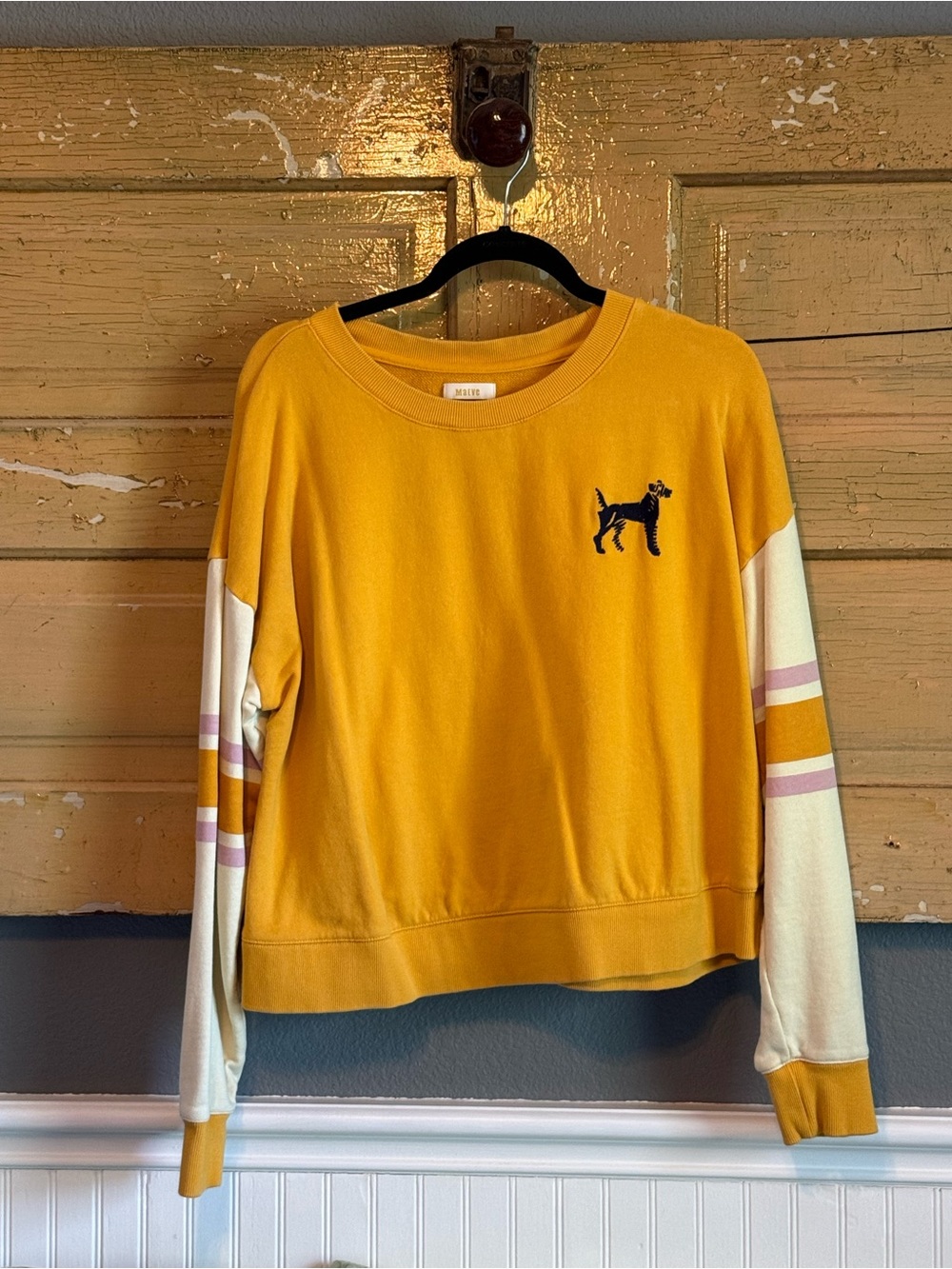 Maeve Yellow Crewneck Sweatshirt with Cream & Pink-Striped Sleeves
